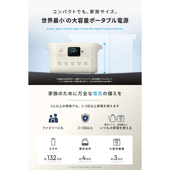 Anker Solix C2000 Gen2 Plus ポータブル電源 2048Wh 定格2000W 急速充電99分 業務用モデル 工事現場・整備工場・防災対応