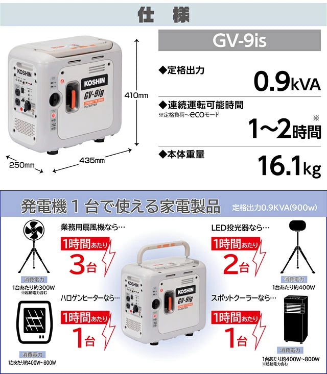 工進 コーシン カセットガス式 インバーター発電機 900W GV-9IG＜代引不可＞